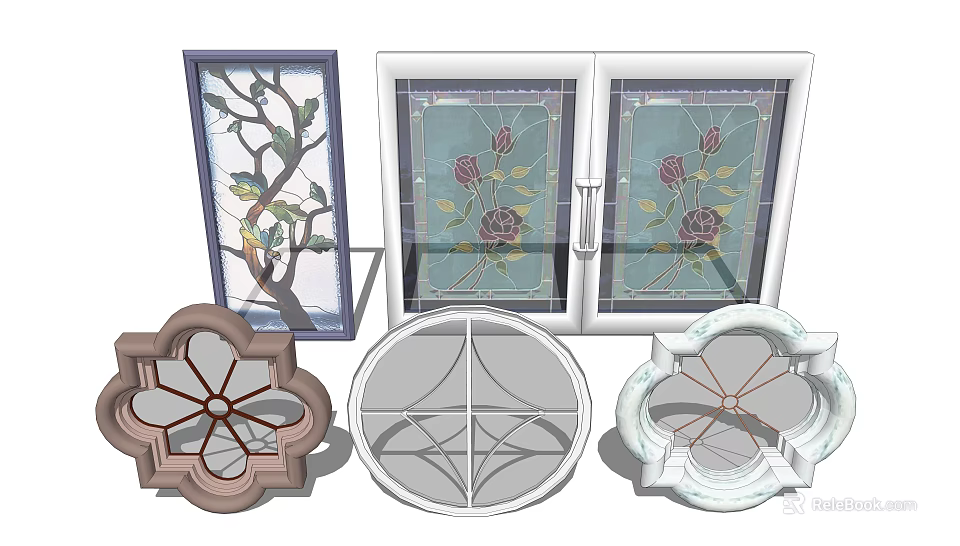 Decorative Stained Glass Windows With Various Designs And Floral Patterns 3d model 