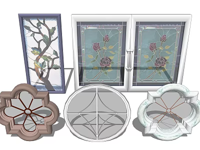 Decorative Stained Glass Windows With Various Designs And Floral Patterns 3d model