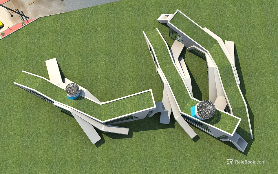 Modern Museum Building Featuring Green Roof Geometric Design And Blue Spherical Elements 3d model 