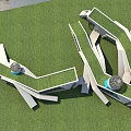 Modern Museum Building Featuring Green Roof Geometric Design And Blue Spherical Elements