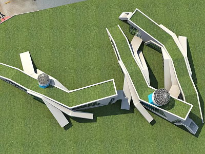 Modern Museum Building Featuring Green Roof Geometric Design And Blue Spherical Elements 3d model