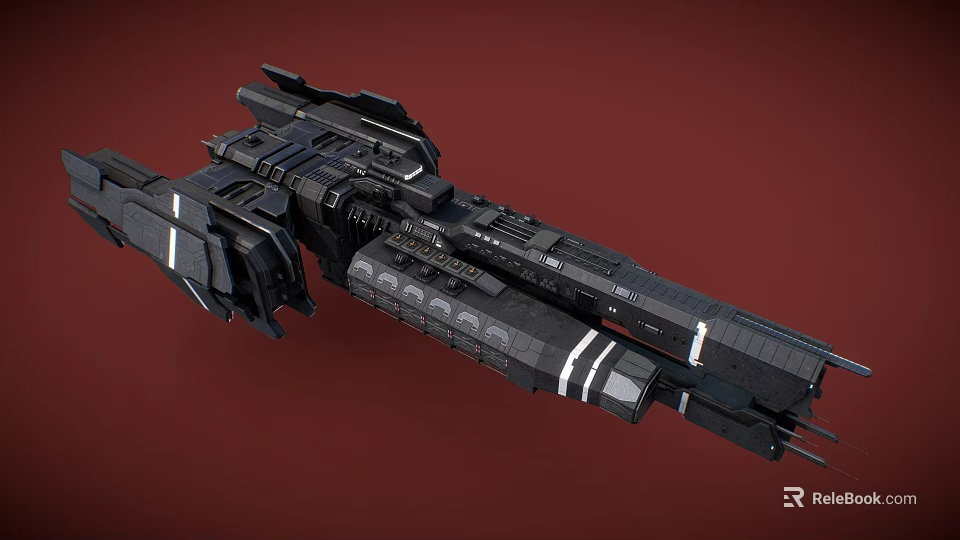 Detailed Sci Fi Black Spaceship Design Featuring Structural Parts On Red Background 3d model