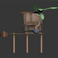 Wooden Cabin on Stilts with Brown Roof Blue Door Green Palm Tree and Boat