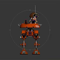 Game Movie Character Kid With Goggles Helmet Riding Orange Mechanical Robot With Pirate Logo Weapon