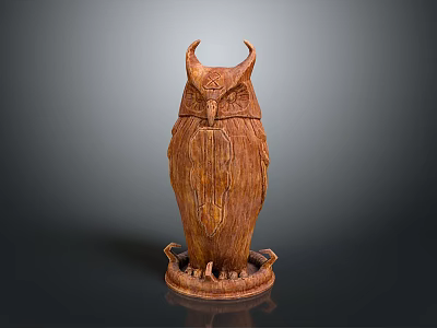 Intricate Wooden Owl Sculpture With Horns And Decorative Base On 3d model