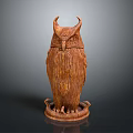 Intricate Wooden Owl Sculpture With Horns And Decorative Base On