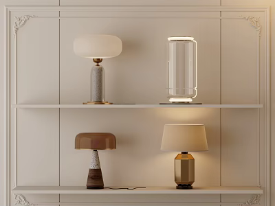 Stylish Table Lamps With Various Designs On Shelves Against White Decorative Wall 3d model