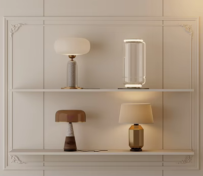 Stylish Table Lamps With Various Designs On Shelves Against White Decorative Wall 3d model