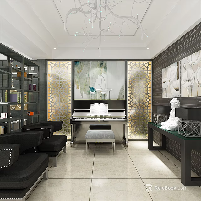 Modern Piano Room Interior With Piano Art Black Sofas And Shelves 3d model 