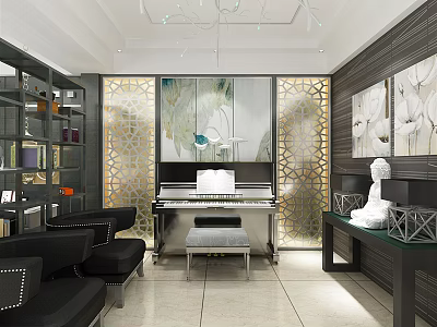 Modern Piano Room Interior With Piano Art Black Sofas And Shelves 3d model