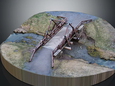Wooden Bridge Over Small Stream In Natural Setting With Grass And Dirt Path 3d model