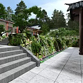 Traditional Chinese Ancient Architecture Courtyard With Stone Pathway Pine Trees And Lanterns