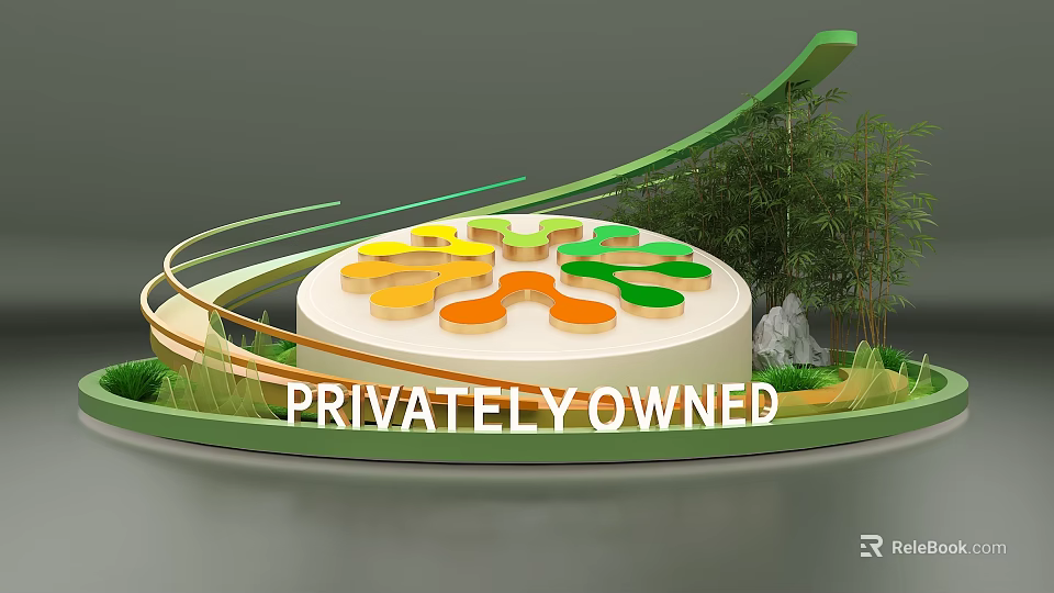 Privately Owned Decorative Structure With Green Curved Lines And Bamboo Plants 3d model 