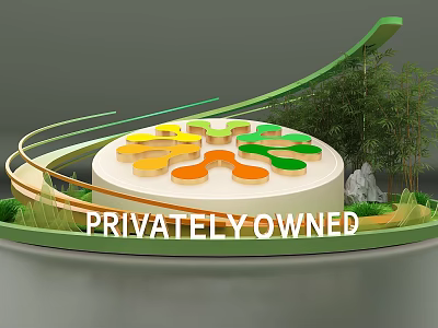 Privately Owned Decorative Structure With Green Curved Lines And Bamboo Plants 3d model