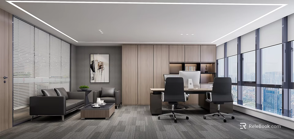 Modern Office Interior Design With Desk Ergonomic Chairs Sofa Coffee Table Decorative Painting And Large Windows 3d model 