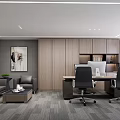 Modern Office Interior Design With Desk Ergonomic Chairs Sofa Coffee Table Decorative Painting And Large Windows
