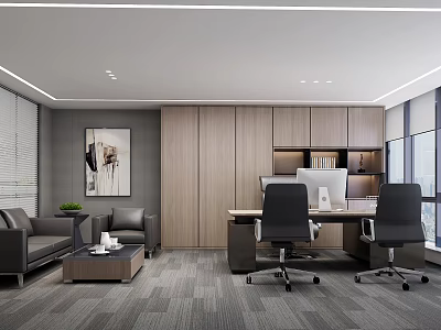 Modern Office Interior Design With Desk Ergonomic Chairs Sofa Coffee Table Decorative Painting And Large Windows 3d model