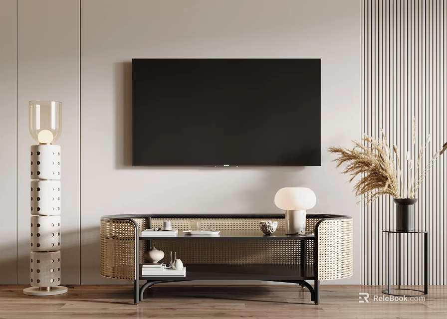 Modern TV Stand with Flat Screen TV Decorative Lamp and Dried Pampas Grass 3d model 