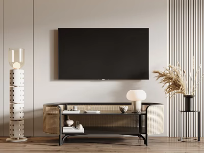 Modern TV Stand with Flat Screen TV Decorative Lamp and Dried Pampas Grass 3d model
