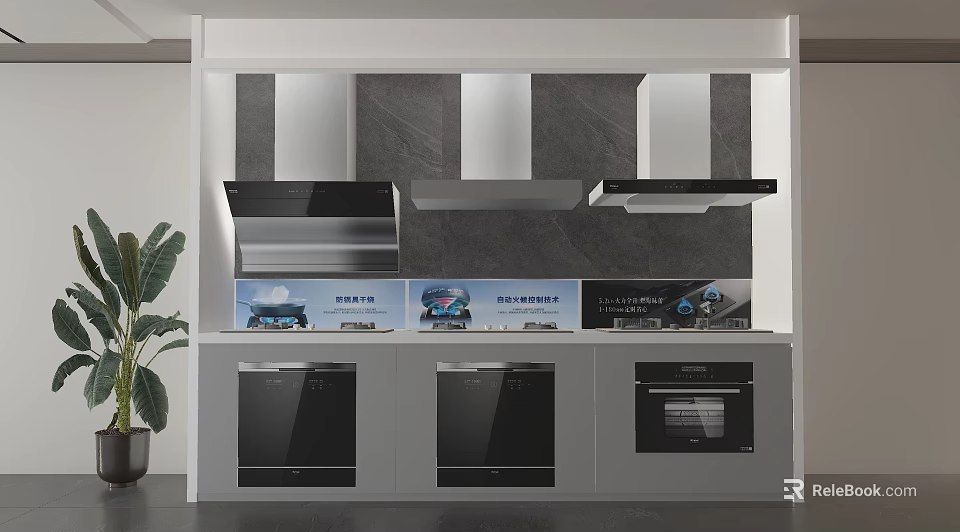 Modern Kitchen Appliances Display With Range Hoods Gas Stoves And Ovens 3d model 