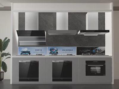 Modern Kitchen Appliances Display With Range Hoods Gas Stoves And Ovens 3d model