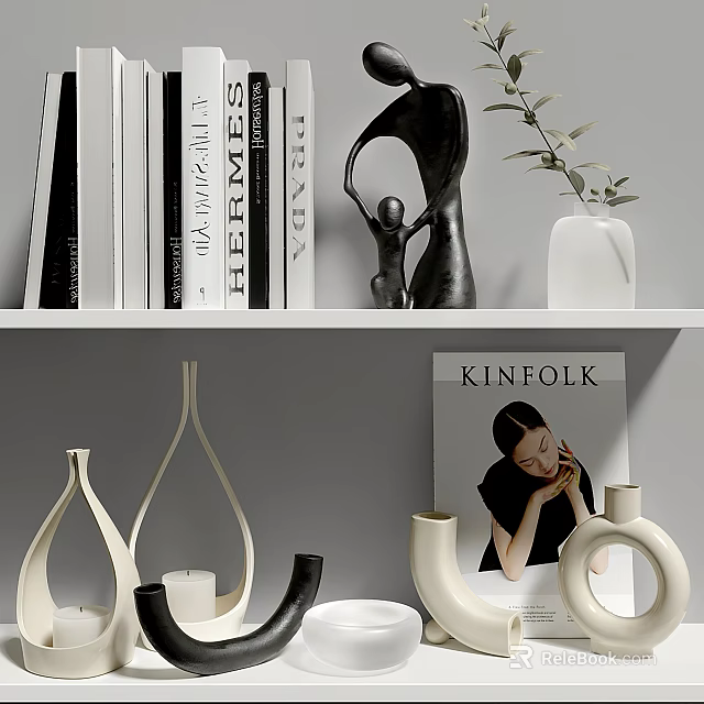 Ornamental Decor Set with Books Sculpture Vase Plant Candle Holders and Magazine on Shelf 3d model 