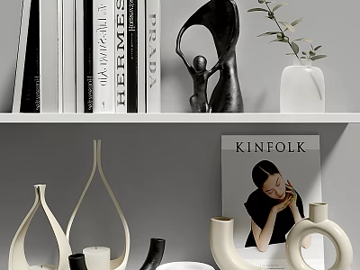 Ornamental Decor Set with Books Sculpture Vase Plant Candle Holders and Magazine on Shelf 3d model