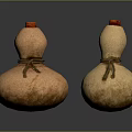 Two Decorative Gourd Shaped Furniture Pieces With Red Lids Rope Accents And Brown Beige Hues