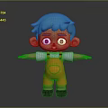 3D Cartoon Game And Movie Character With Blue Hair Big Eyes Orange Overalls White T shirt