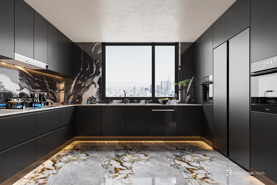 Modern Kitchen With Black Cabinets Marble Countertops Large Windows City View And Marble Flooring 3d model 