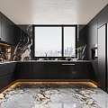 Modern Kitchen With Black Cabinets Marble Countertops Large Windows City View And Marble Flooring