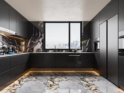 Modern Kitchen With Black Cabinets Marble Countertops Large Windows City View And Marble Flooring 3d model