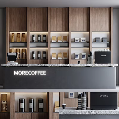 Modern Bar Counter Design With Wooden Cabinets Marble Countertop Coffee Machine And Coffee Beans 3d model