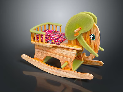 Wooden Elephant Shaped Children's Rocking Chair With Pink Patterned Cushion 3d model