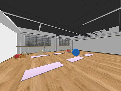 Spacious Fitness Studio With Wooden Floor Yoga Mats Blue Exercise Ball And Training Equipment 3d model