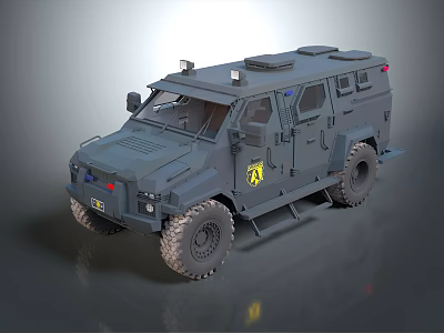 Armored Dark Gray Military Vehicle With Large Off Road Tires And Roof Equipment 3d model