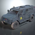 Armored Dark Gray Military Vehicle With Large Off Road Tires And Roof Equipment