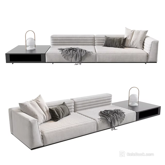 Modern L shaped Sectional Sofa With Soft Pillows Cozy Blanket And Side Table Lamp 3d model