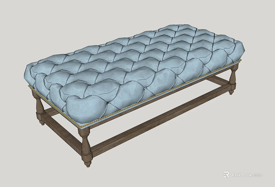 Light Blue Tufted Ottoman With Classic Wooden Frame And Elegant Design 3d model 