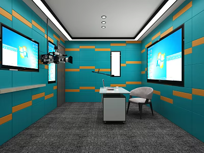 Modern Public Office Space With Turquoise Orange Walls Large Screen Monitors And Desk Chair 3d model