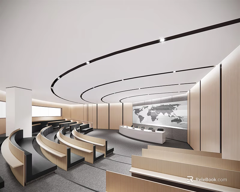 Modern Conference Room With Curved Seating World Map Podium And Wooden Walls 3d model 
