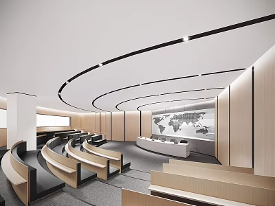Modern Conference Room With Curved Seating World Map Podium And Wooden Walls 3d model