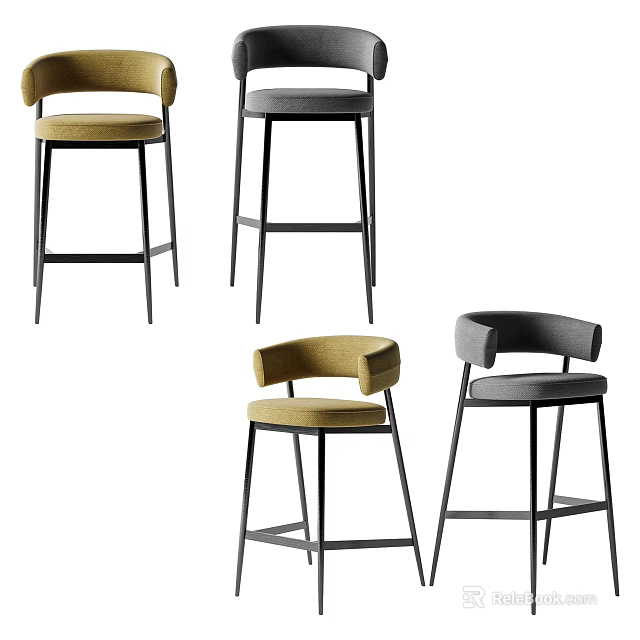 Modern Minimalist Bar Stools Featuring Mustard Gray Upholstery Metal Legs and Backrest 3d model 