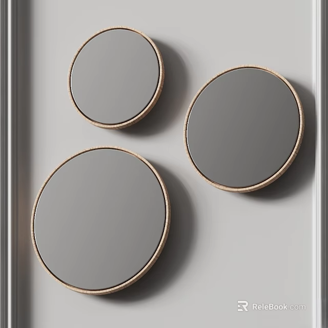 Three Stylish Modern Round Gold Framed Mirrors Hanging On White Wall 3d model 