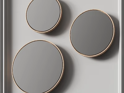 Three Stylish Modern Round Gold Framed Mirrors Hanging On White Wall 3d model