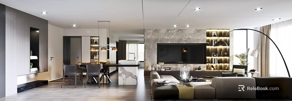 Modern Living Dining Room Interior With Marble Wall TV Sofa And Pendant Lights 3d model 