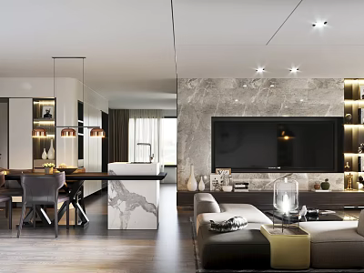 Modern Living Dining Room Interior With Marble Wall TV Sofa And Pendant Lights 3d model