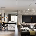 Modern Living Dining Room Interior With Marble Wall TV Sofa And Pendant Lights