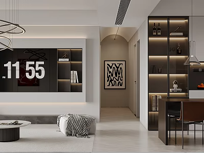 Modern Living Dining Room Interior Design With TV Wall Shelves Pendant Lights And Artwork 3d model