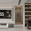 Modern Living Dining Room Interior Design With TV Wall Shelves Pendant Lights And Artwork